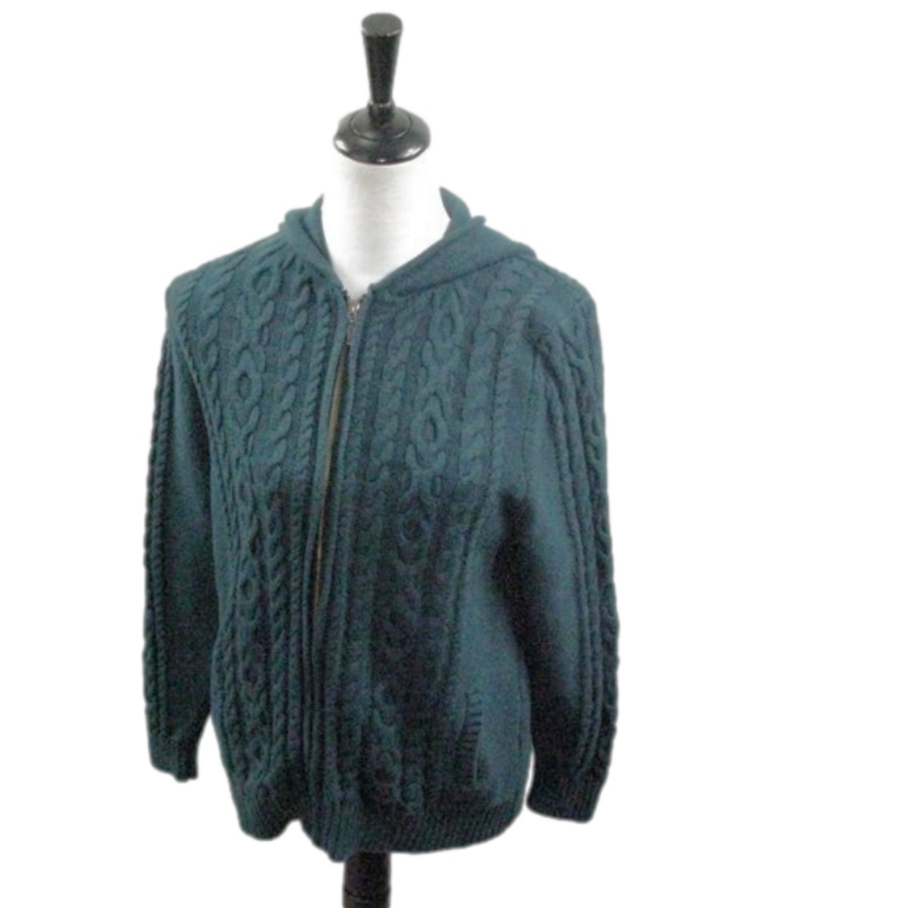 L.L. Bean Forest Green Cable Knit Zip Front Hooded Cardigan Size Large